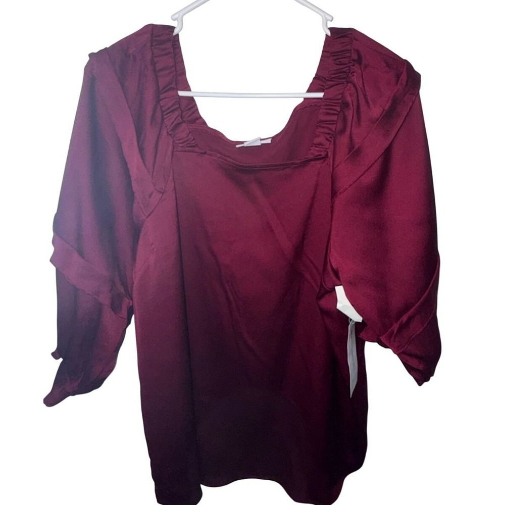 Liz Claiborne Madrid Rose Satin Ruffle Sleeve Square Neck Blouse Top Red Medium